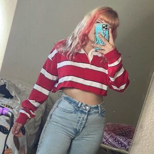Reworked: Red and white striped Cropped rugby long sleeve tee🐚🌸